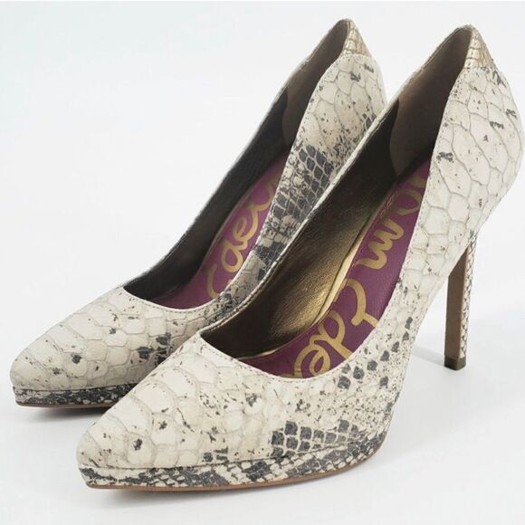 Sam Edelman CELIA Cream Snake Print Leather Pointed Toe High Heel Pumps Like New - Picture 1 of 15